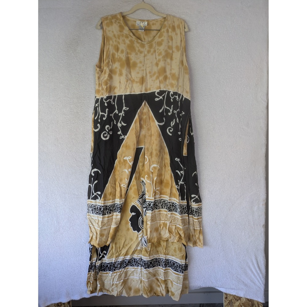 Shermarke Maxi Dress Women's Large Tan Black Batik Afrocentric Print Sleeveless